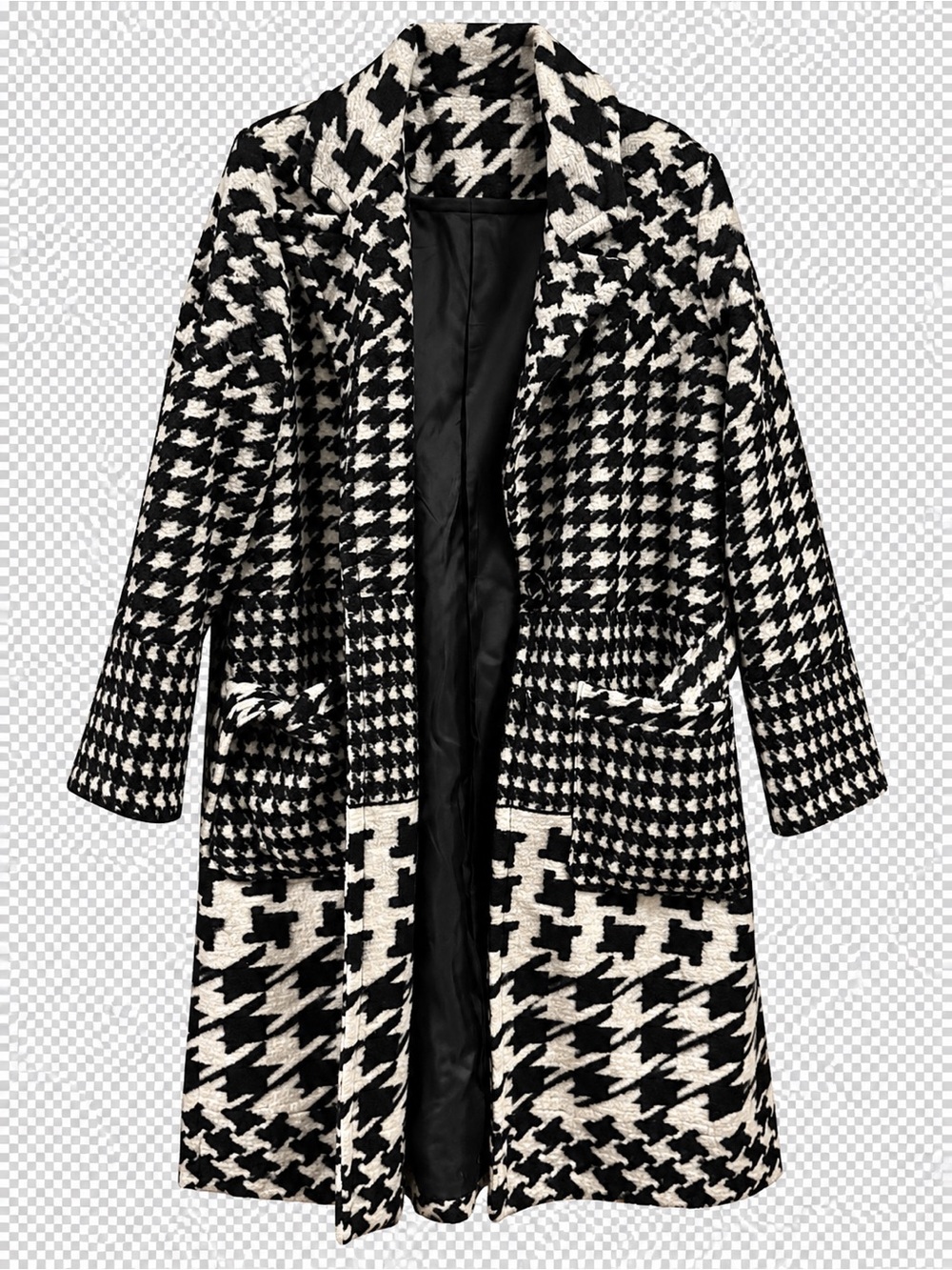 Anthropologie Black and White Houndstooth Open-Front Trench Coat